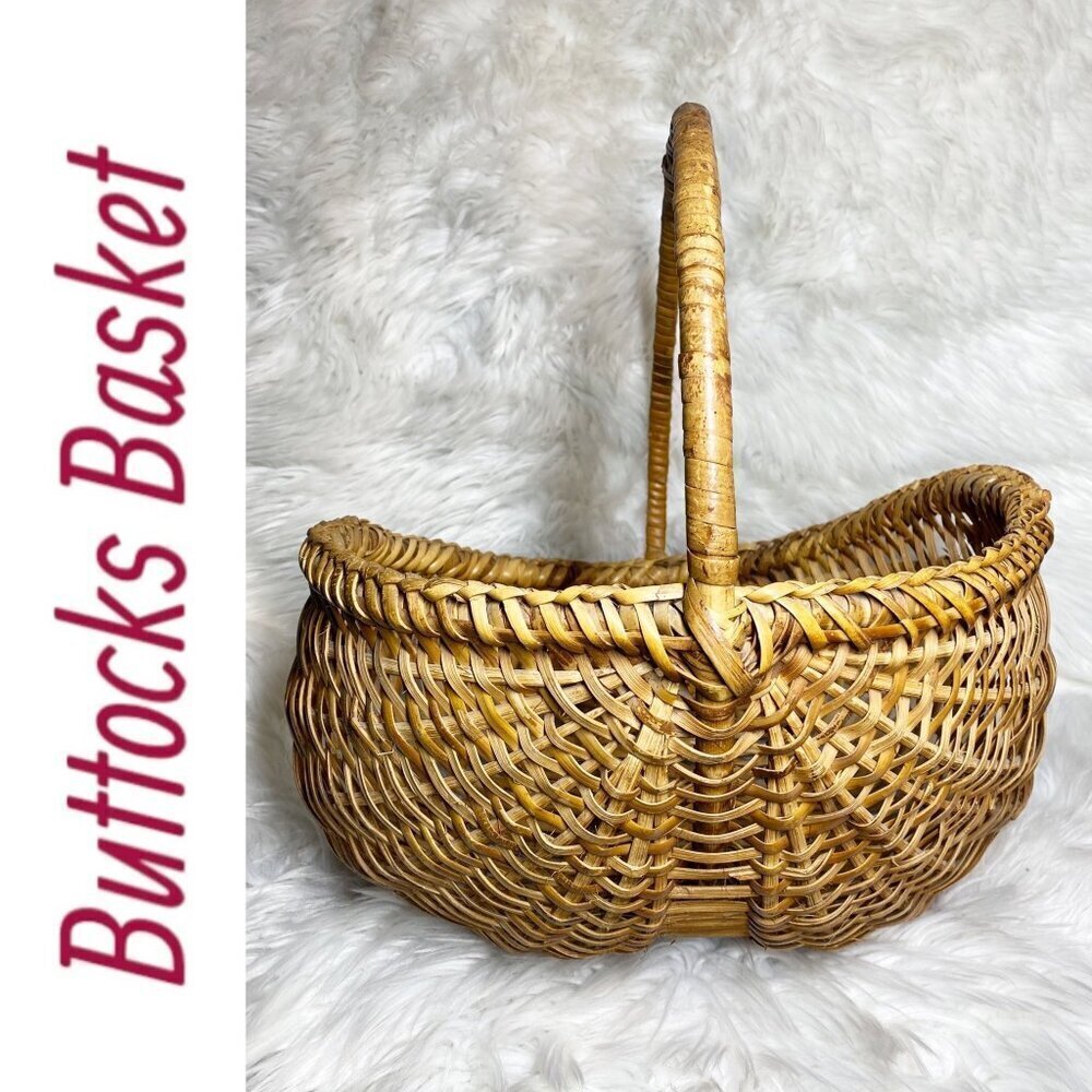 BUTTOCKS BASKET VTG Large Handmade Cottage Splint Ribbed Farmhouse Vintage‎